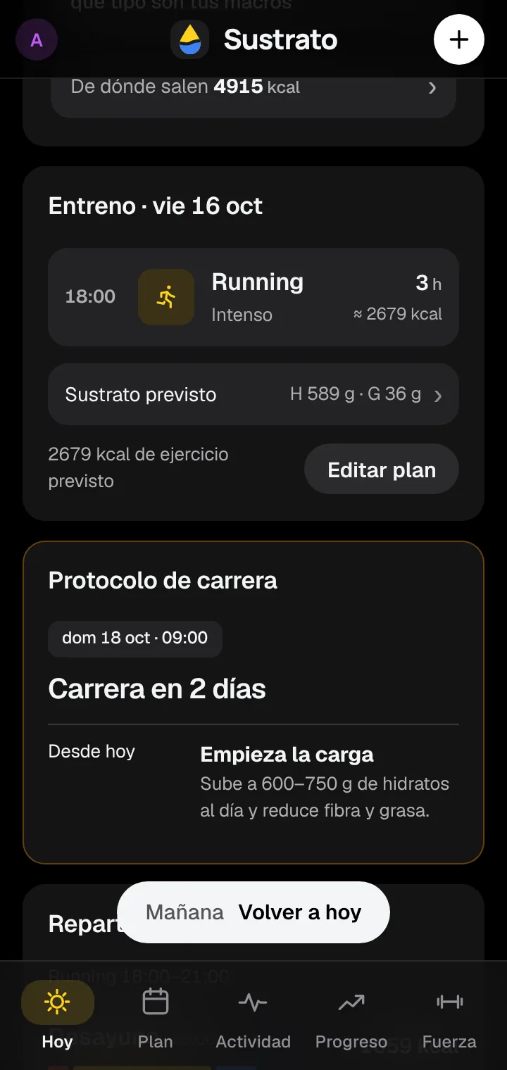 Entreno de 3 h y protocolo de carrera: empieza la carga, 600 a 750 g de hidratos